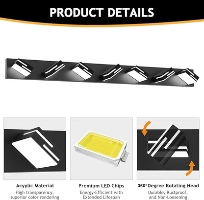 LED Modern Bathroom Vanity Light Fixtures 7-Light 48-inch 5CCT Dimmable Matte Black Vanity Lights for Bathroom Lighting Fixtures Over Mirror, with 360° Rotatable Acrylic Heads