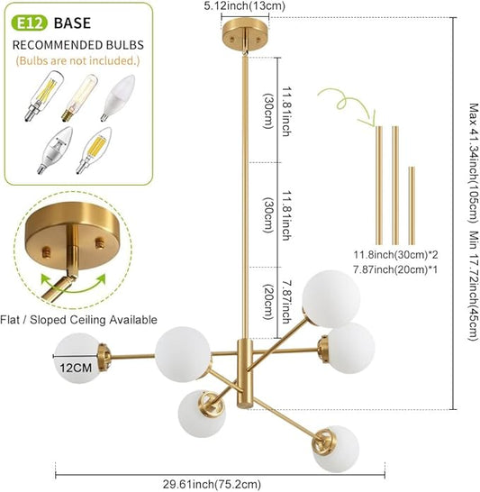 Sputnik Chandelier, Gold Modern Chandeliers, Mid Century Ceiling Lighting Fixture 6-Lights with Milk White Glass Shade for Living Room, Kitchen, Bedroom, Dining Room, and Farmhouse