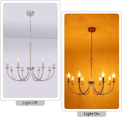 8-Light Farmhouse Chandelier, Brushed Nickel Dining Room Light Fixtures, Industrial Modern Candle Chandeliers for Living Room, Bedroom, Foyer, Kitchen, Entryway