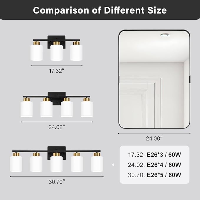FonmYim Black and Gold Bathroom Light Fixtures, 4-Light Modern Vanity Light Over Mirror, Wall Sconces with Milky White Frosted Glass Shades, E26 Socket (Bulbs Not Included)