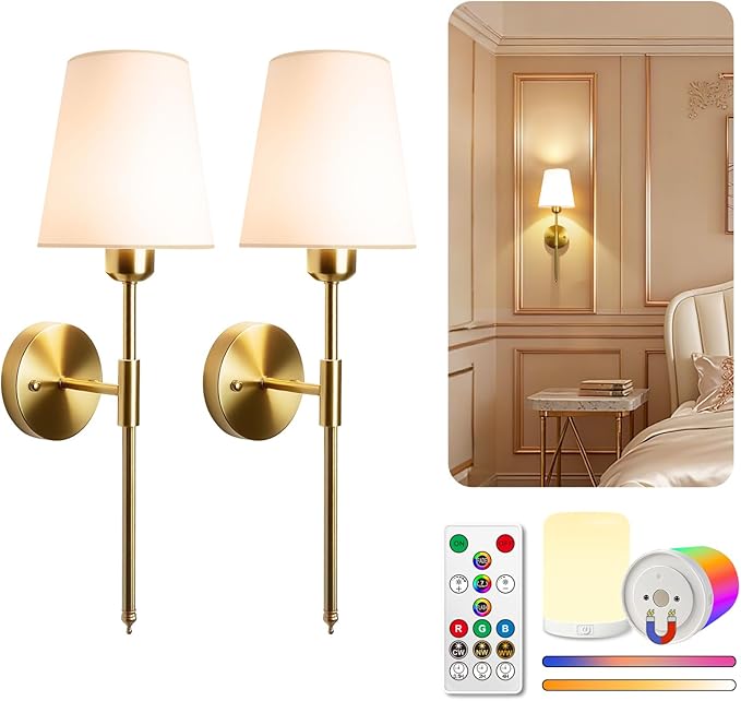 Adetu Battery Operated Wall Sconce Set of 2, Gold Wireless Battery Wall Lights with 10000mAh RGB Dimmable Magnetic Bulbs and Remote Control, Rechargeable Wall Sconce for Bedroom Living Room Hallway