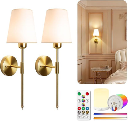 Adetu Battery Operated Wall Sconce Set of 2, Gold Wireless Battery Wall Lights with 10000mAh RGB Dimmable Magnetic Bulbs and Remote Control, Rechargeable Wall Sconce for Bedroom Living Room Hallway