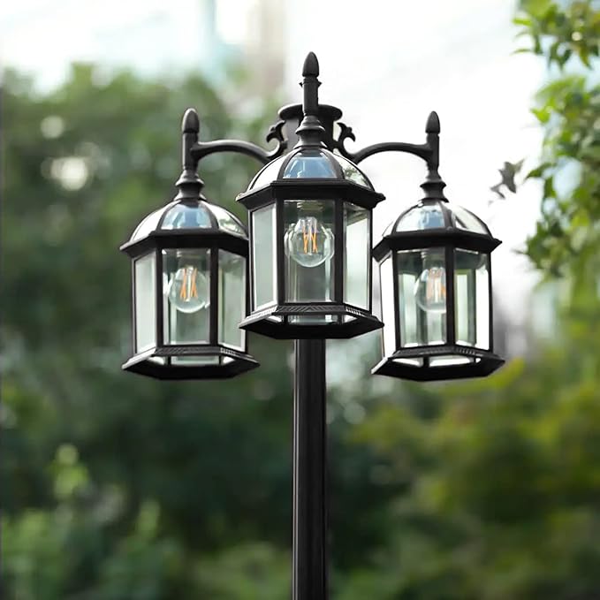 Dusk to Dawn Outdoor Lamp Post Light with GFCI Outlet, Triple Head Aluminum Street Light Post for Outside with Sensor, Waterproof Birdcage Pole Lighting Fixture for Backyard Garden Patio Driveway