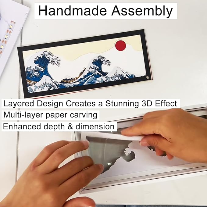 Hokusai The Great Wave 3D Paper Carving LED Night Light – Shadow Box Lamp, USB & Battery Powered Decorative Light for Bedroom & Living Room, Aesthetic Room Decor & Ideal Gift for Art Lovers