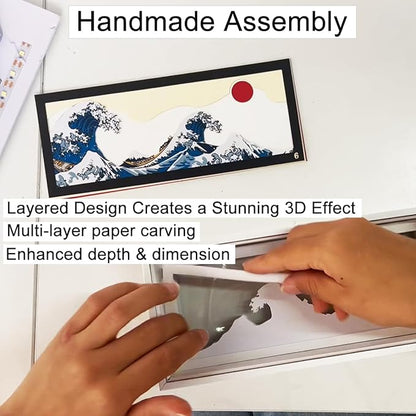 Hokusai The Great Wave 3D Paper Carving LED Night Light – Shadow Box Lamp, USB & Battery Powered Decorative Light for Bedroom & Living Room, Aesthetic Room Decor & Ideal Gift for Art Lovers