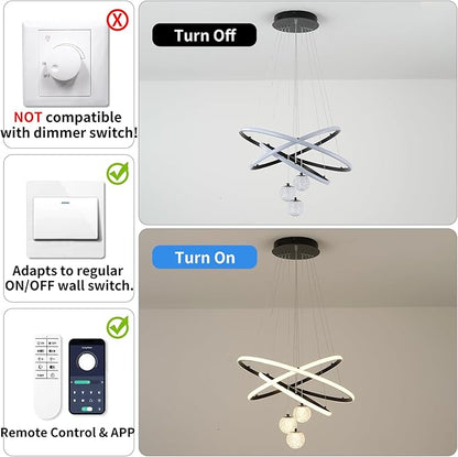 ORANOOR LED Modern 3 Ring Chandeliers for Dining Room, 24in Dimmable Kitchen Pendant Lamp, Black Dining Room Light Fixtures Ceiling Hanging Over Table, Globe Round Chandeliers for Living Room Bedroom