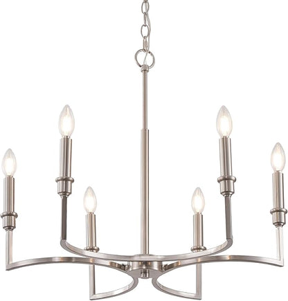 Brushed Nickel Chandelier Light Fixture 6-Light Candle Dining Room Chandelier Lighting Over Table Metal Chandeliers for Bedroom Kitchen Island Foyer Entryway, 26in