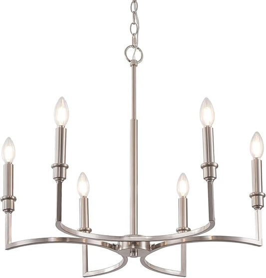 Brushed Nickel Chandelier Light Fixture 6-Light Candle Dining Room Chandelier Lighting Over Table Metal Chandeliers for Bedroom Kitchen Island Foyer Entryway, 26in