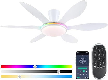 Ceiling Fans with Lights, 51 inch Modern White Low Profile Ceiling Fan with Light and Remote App Control, Flush Mount, Quiet DC Reversible, RGB Led Ceiling Fan 6 Blade Softer Wind Indoor/Outdoor Patio