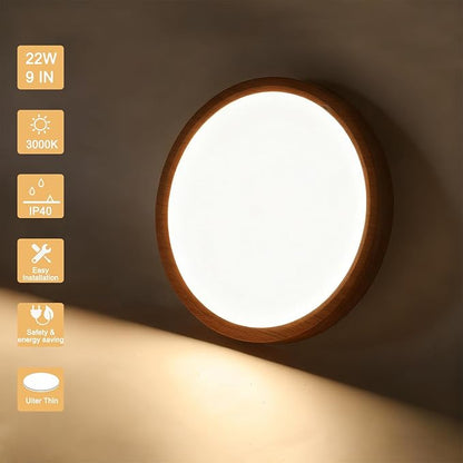 9 Inch LED Wood Grain Flush Mount Ceiling Light Fixtures Set of 2, Modern 22W Round Flat Overhead 3000K-4000K-6000K Selectable Ceiling Lamps for Bedroom, Living Room, Kitchen, Entryway