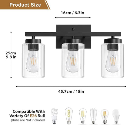 IZORRO Modern Bathroom Light Fixtures, 3 Light Black Vanity Lights, Bathroom Lighting Fixtures Over Mirror with Clear Glass for Living Room Cabinet Bedroom