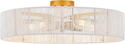 24” Boho Hand Woven Semi-Flush Mount Ceiling Light Brass 5-Lights White Chandelier for Bedroom Hallway Kitchen Island Porch Patio, UL Listed