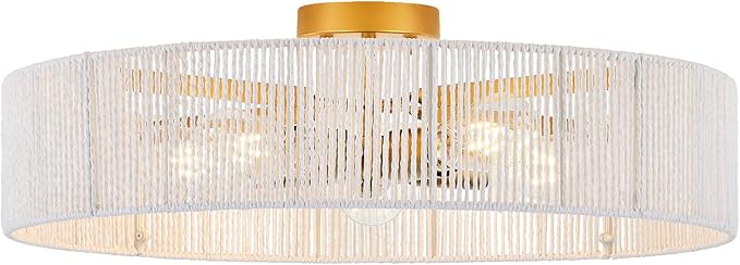24” Boho Hand Woven Semi-Flush Mount Ceiling Light Brass 5-Lights White Chandelier for Bedroom Hallway Kitchen Island Porch Patio, UL Listed