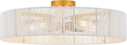 24” Boho Hand Woven Semi-Flush Mount Ceiling Light Brass 5-Lights White Chandelier for Bedroom Hallway Kitchen Island Porch Patio, UL Listed