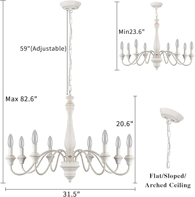 French Country Chandelier, 8-Lights Farmhouse Chandeliers for Dining Room Distressed White Chandelier, Rustic Candle Chandelier for Living Room Bedroom Kitchen