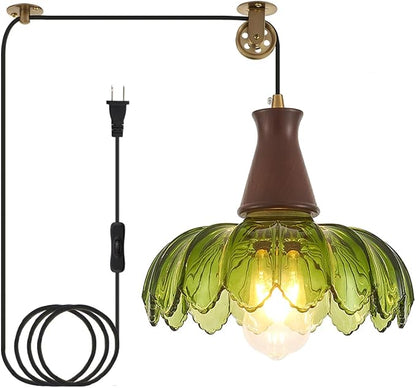 YLONG-ZS Plug-in Pendant Light, Vintage Green Glass Swag Hanging Lamp, Adjustable Pulley Cord, Walnut Stained Solid Wood Base, Mid Century Farmhouse Fixture, No Hardwiring for Kitchen, Dining, Bedroom