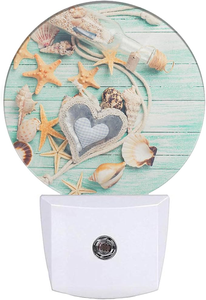 EKOBLA Beach Plug-in Night Light, Seashell & Starfish on Wood Coastal LED Nightlight with Auto Sensor for Bathroom & Home Decor