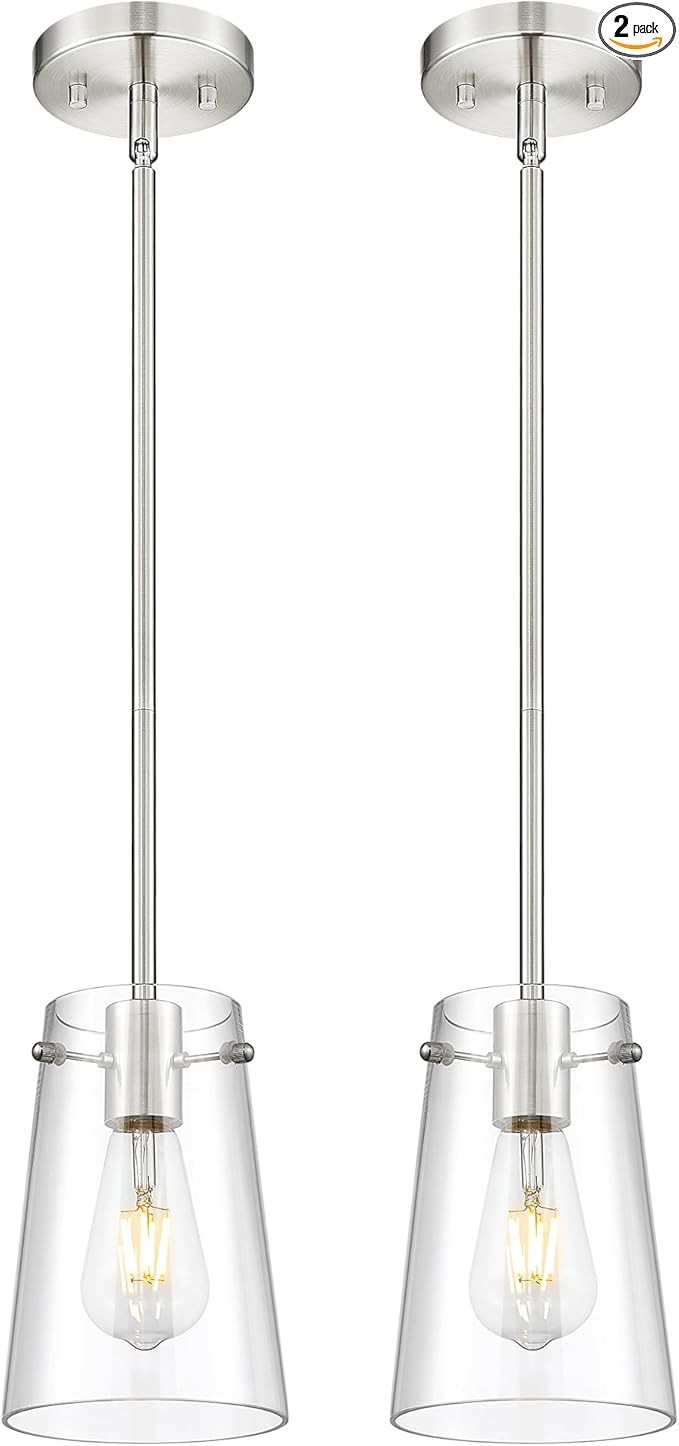 Beionxii Pendant Lights Kitchen Island 2 Pack, Brushed Nickel Hanging Lights Fixtures with Clear Glass, Kitchen Pendant Lighting Over Island, Hanging Lights for Sink Dining Room Entryway BX-PL03BN-2CG