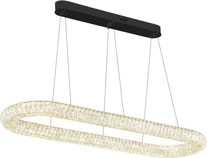 LED Crystal Ring Chandelier, 47.2'' Black Crystal Ring Pendant Light for Kitchen Island Modern Linear Oval Chandeliers for Dining Room Dimmable 3000K-6000K
