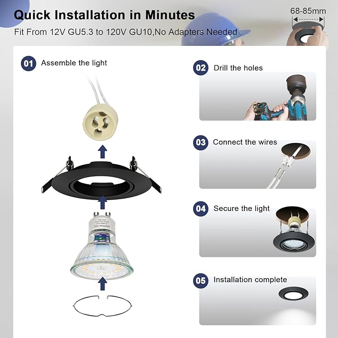 6 Pack GU10 Ceiling Light Holder, Compatible with MR16 GU10, GU5.3 Bulbs, Adjustable Socket for Cabinet Artwork, Matte Black