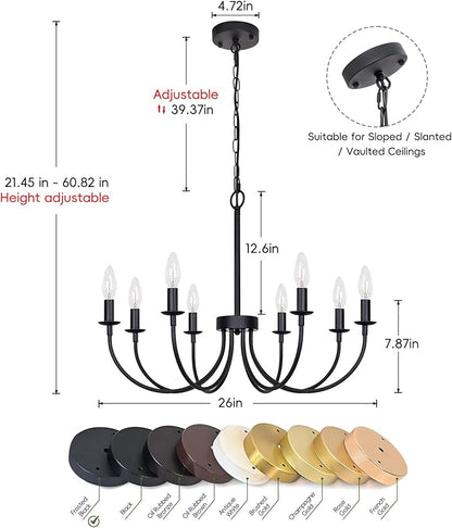8-Light Black Chandelier, 26“ Farmhouse Chandelier for Dining Room Lighting Fixtures Hanging, Rustic Candle Modern Chandeliers for Living Room Bedroom Foyer Kitchen(Frosted Black)