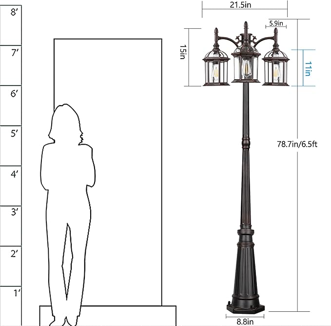 Aluminum Outdoor Lamp Post Birdcage, Hardwired Street Light for Outside, 3-Head Pole Light Modern Lamp Post Outdoor Lighting with Clear Glass Panels for Garden Patio Backyard Walkway Driveway