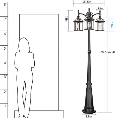Aluminum Outdoor Lamp Post Birdcage, Hardwired Street Light for Outside, 3-Head Pole Light Modern Lamp Post Outdoor Lighting with Clear Glass Panels for Garden Patio Backyard Walkway Driveway