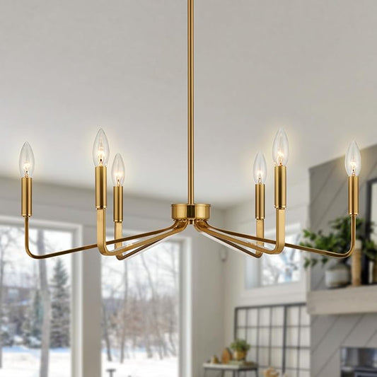 Brushed Gold Chandeliers for Dining Room, 6-Light Modern Farmhouse Chandelier, Brass Candle Style Hanging Light Fixture for Living Room Bedroom Kitchen Island