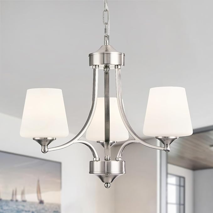 Brushed Nickel Dining Room Light Modern Sliver Chandelier with Frosted Glass, 3-Light Metal Farmhouse Kitchen Island Light Fixtures E26 Hanging Pendent Lighting for Living Room, Kitchen, Foyer