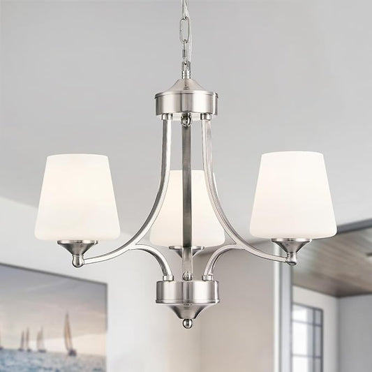 Brushed Nickel Dining Room Light Modern Sliver Chandelier with Frosted Glass, 3-Light Metal Farmhouse Kitchen Island Light Fixtures E26 Hanging Pendent Lighting for Living Room, Kitchen, Foyer