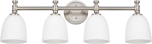 Bathroom Vanity Light, 4-Light Bathroom Light Fixtures Over Mirror, Traditional Vanity Lights for Living Room, Milk White Bell Glass Shades, Standard E26 Base, Brushed Nickel