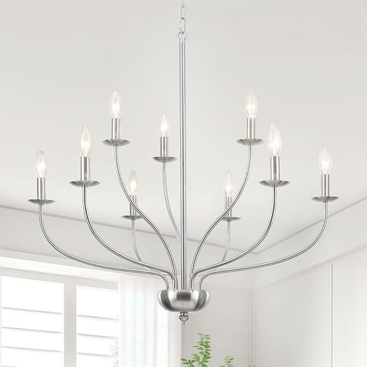Brushed Nickel Chandelier, 9-Light Modern Farmhouse Chandelier for Dining Room Light Fixture, 2-Tier Industrial Hanging Country Candle Chandeliers for Living Room Foyer Bedroom Entryway Kitchen