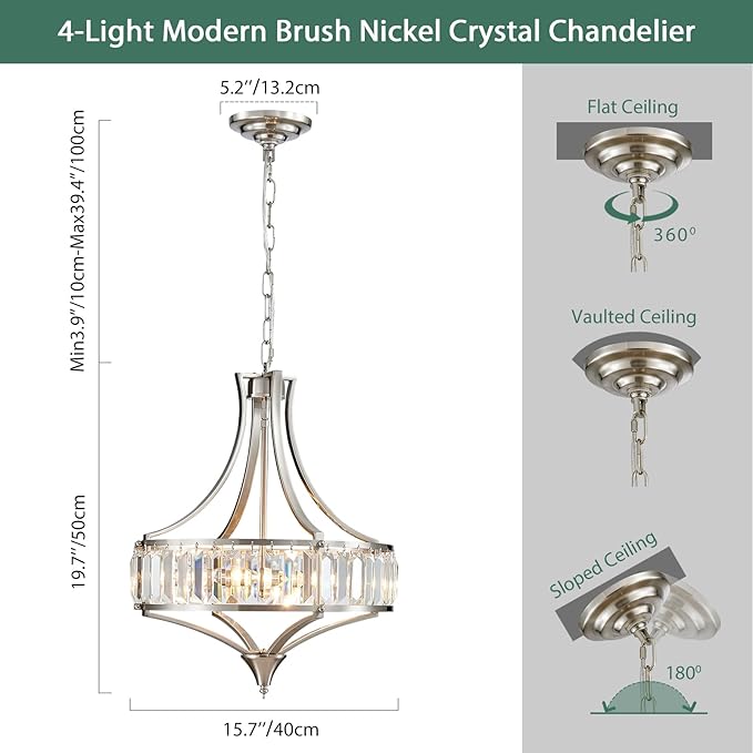 Modern Crystal Chandelier Brushed Nickel, Round Pendant Lighting Fixtures, 15.7" Height Adjustable Farmhouse Ceiling Light for Living Room, Kitchen Island, Dining Room