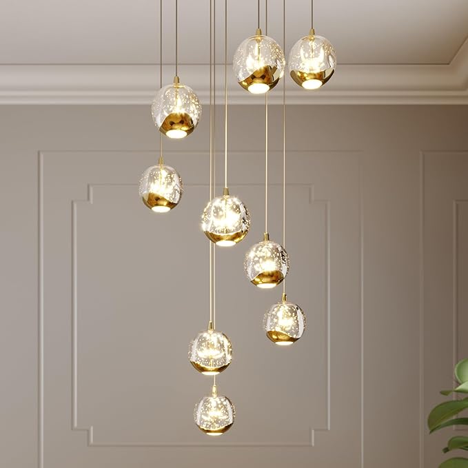 9-Light Modern Gold Glass Globe Chandelier, Hanging Cluster Pendant Light Kitchen Island & Foyer Chandelier, Warm White 3000K, 2610 Lm, LED Modern Chandelier, Ø 15.7 in