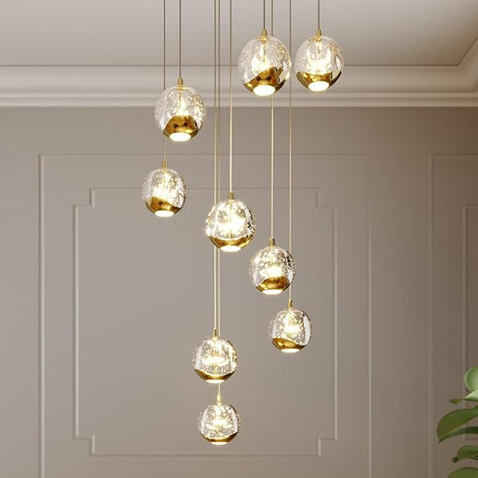 9-Light Modern Gold Glass Globe Chandelier, Hanging Cluster Pendant Light Kitchen Island & Foyer Chandelier, Warm White 3000K, 2610 Lm, LED Modern Chandelier, Ø 15.7 in