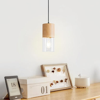 3-Pack Modern Pendant Lights for Kitchen Island, Adjustable Pendant Light Fixtures with Raw Wood Grain, Industrial Clear Glass Pendant Lights for Dining Table Hallway Bedroom Living Room
