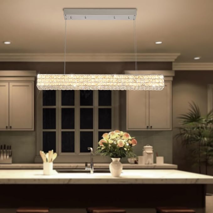ykolupty Modern Crystal Chandelier Silver Rectangular Crystal Chandelier Contemporary Linear Pendant Ceiling Light Fixture for Living Dining Room Kitchen Island (L 40")