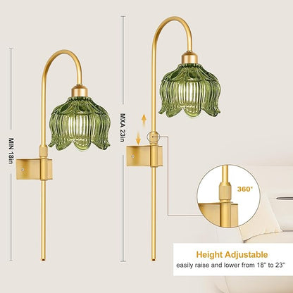 ZECOXOL Glass Battery Operated Wall Sconces Set of Two,Wireless Flower Battery Wall Light with 5000mAh RGB Dimmable Bulb and Remote, Rechargeable Wall Lamp Sconce for Bedroom Living Room Hallway