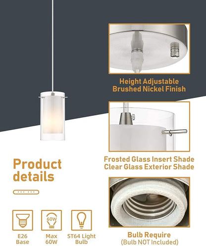 AKEZON 3-Light Pendant Light, Indoor Glass Hanging Light Fixture, Adjustable Height, Brushed Nickel Finish for Kitchen Dining Room