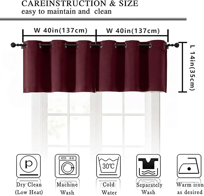 Simplebrand Burgundy Window Valance for Kitchen 14 Inches Long 2 Panels Set, Room Darkening Valance Curtains for Living Room, Grommet Short Privacy Kitchen Curtains for Bedroom Kids Room, 40Wx14L