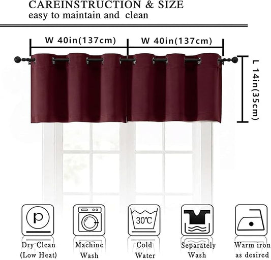 Simplebrand Burgundy Window Valance for Kitchen 14 Inches Long 2 Panels Set, Room Darkening Valance Curtains for Living Room, Grommet Short Privacy Kitchen Curtains for Bedroom Kids Room, 40Wx14L
