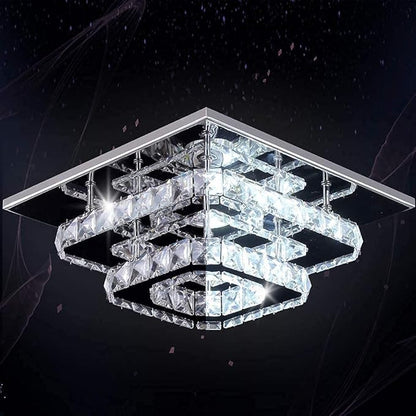 FRIXCHUR Crystal Ceiling Light Square Chandelier Modern LED Flush Mount 2 Layers Ceiling Lamp Lighting Fixture for Dining Room Living Room Bedrooms Kitchen Hallway Foyer (Cool White)