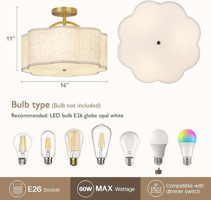 CALOKES Semi Flush Mount Ceiling Light, 16" Modern 3-Light Fixture with Petal-Shaped Beige Linen Shade and Golden Support Arm, Ideal for Bedroom, Kitchen, Living Room, Hallway, and Entryway