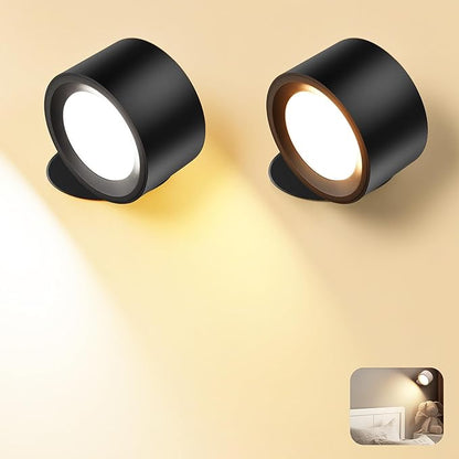 Wall Mounted Lamp LED Wall Lights with Rechargeable Battery Operated, 3 Color Temperatures & 3 Brightness Levels 360°Rotate Magnetic Ball, Cordless Sconces for Reading Bedroom Bedside,Black-2 Pack
