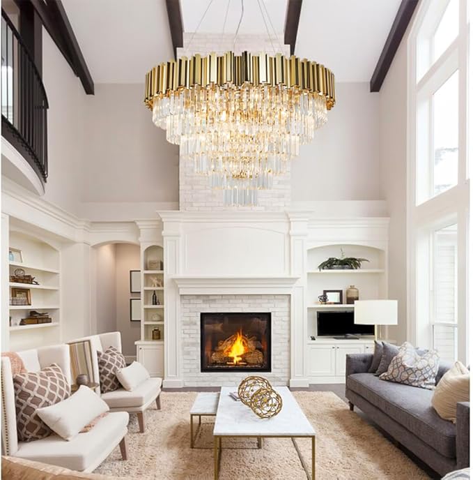 Gold Crystal Chandelier Large, 17-Light Luxury Chandelier Lighting Fixture for High Ceiling Foyer Entryway Living Room D35.4