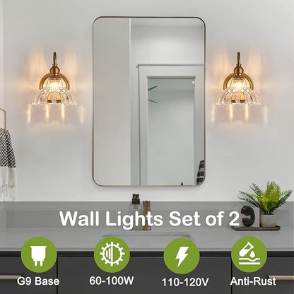 2-Pack Vintage Wall Sconces Brass Bathroom Vanity Lighting Fixtures Beautiful Wall Light Set of Two for Bedroom Bathroom Hallway Living Room