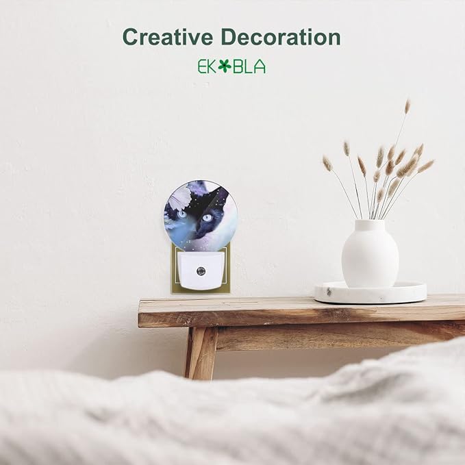 EKOBLA Cat & White Flower Plug-in Night Light, Black Kitten Hiding Behind Floral LED Nightlight with Auto Sensor for Home Decor