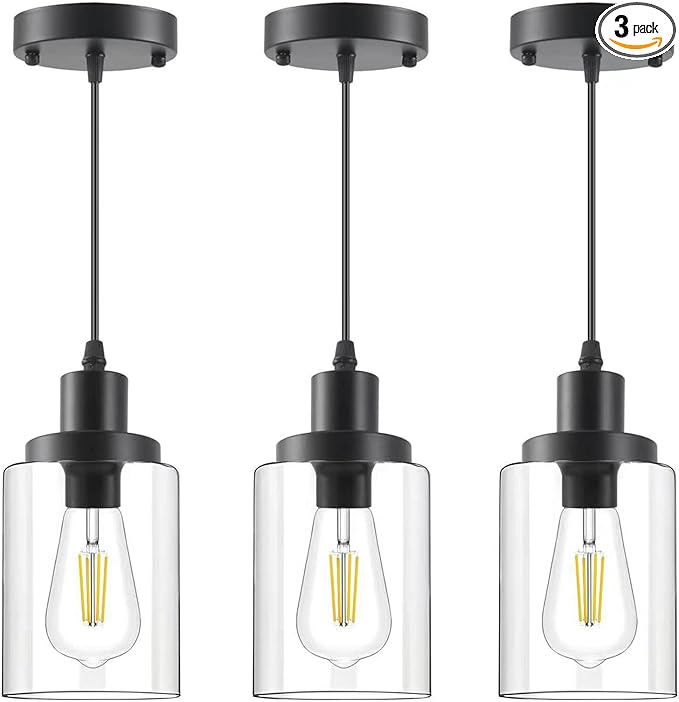 Industrial Pendant Lights, Modern Clear Glass Shade Pendant Lighting, Black Pendant Light Fixtures Ceiling Light, Farmhouse Pendant Lighting for Kitchen Island Hallway Porch Corridor Bedroom, 3-Pack