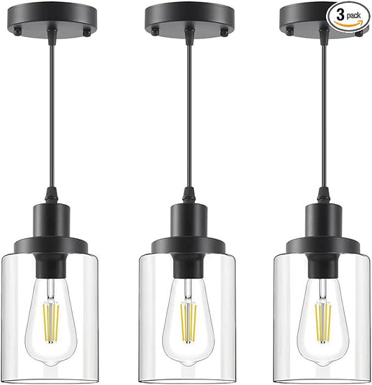 Industrial Pendant Lights, Modern Clear Glass Shade Pendant Lighting, Black Pendant Light Fixtures Ceiling Light, Farmhouse Pendant Lighting for Kitchen Island Hallway Porch Corridor Bedroom, 3-Pack