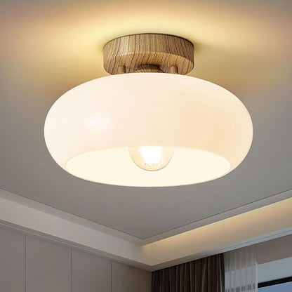 WOKNOS Mid-Century Modern Semi Flush Mount Ceiling Light, Faux Wood Kitchen Ceiling Light Fixture with Glass Shade, Mini White Close to Ceiling Lamp for Entryway Hallway Bathroom (11.0 Inch)